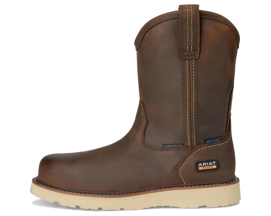 Men's Ariat Rebar Wedge Pull-On Waterproof Composite Toe Work Boots Distressed Brown