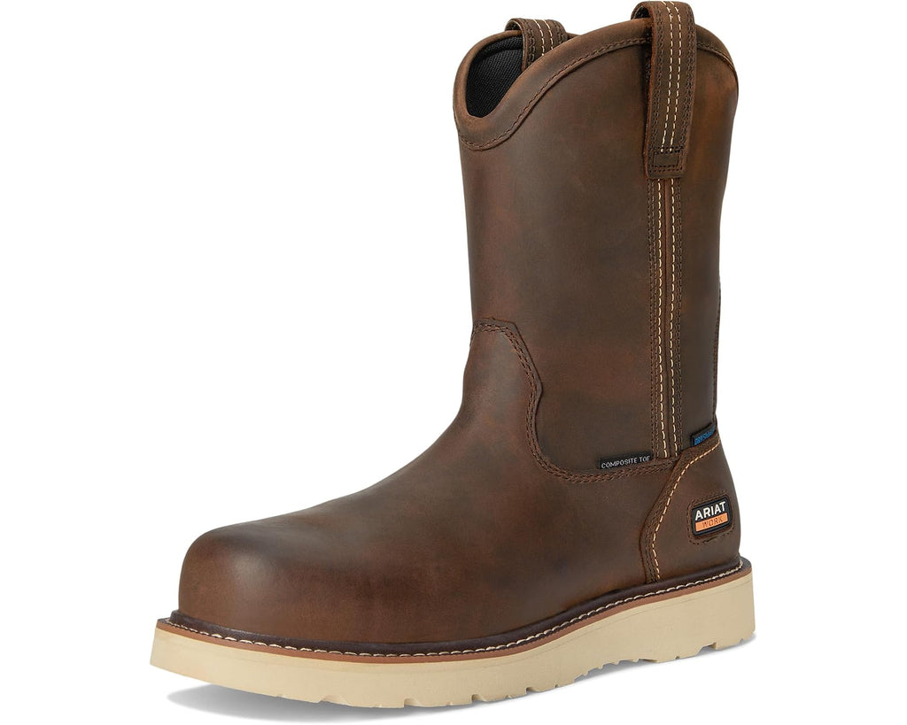 Men's Ariat Rebar Wedge Pull-On Waterproof Composite Toe Work Boots Distressed Brown